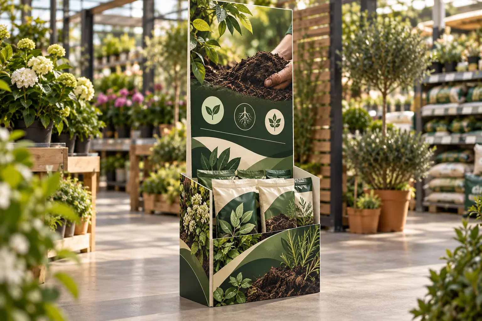 Espositore da terra personalizzato per prodotti garden