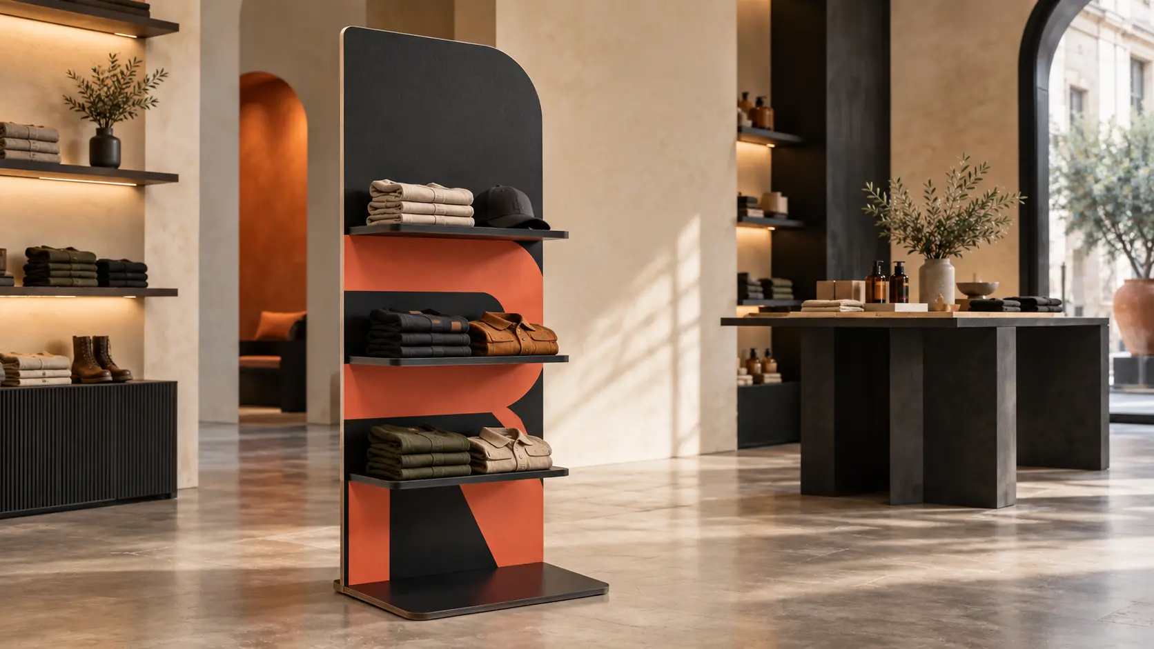 Espositore personalizzato da terra con ripiani in un ambiente retail